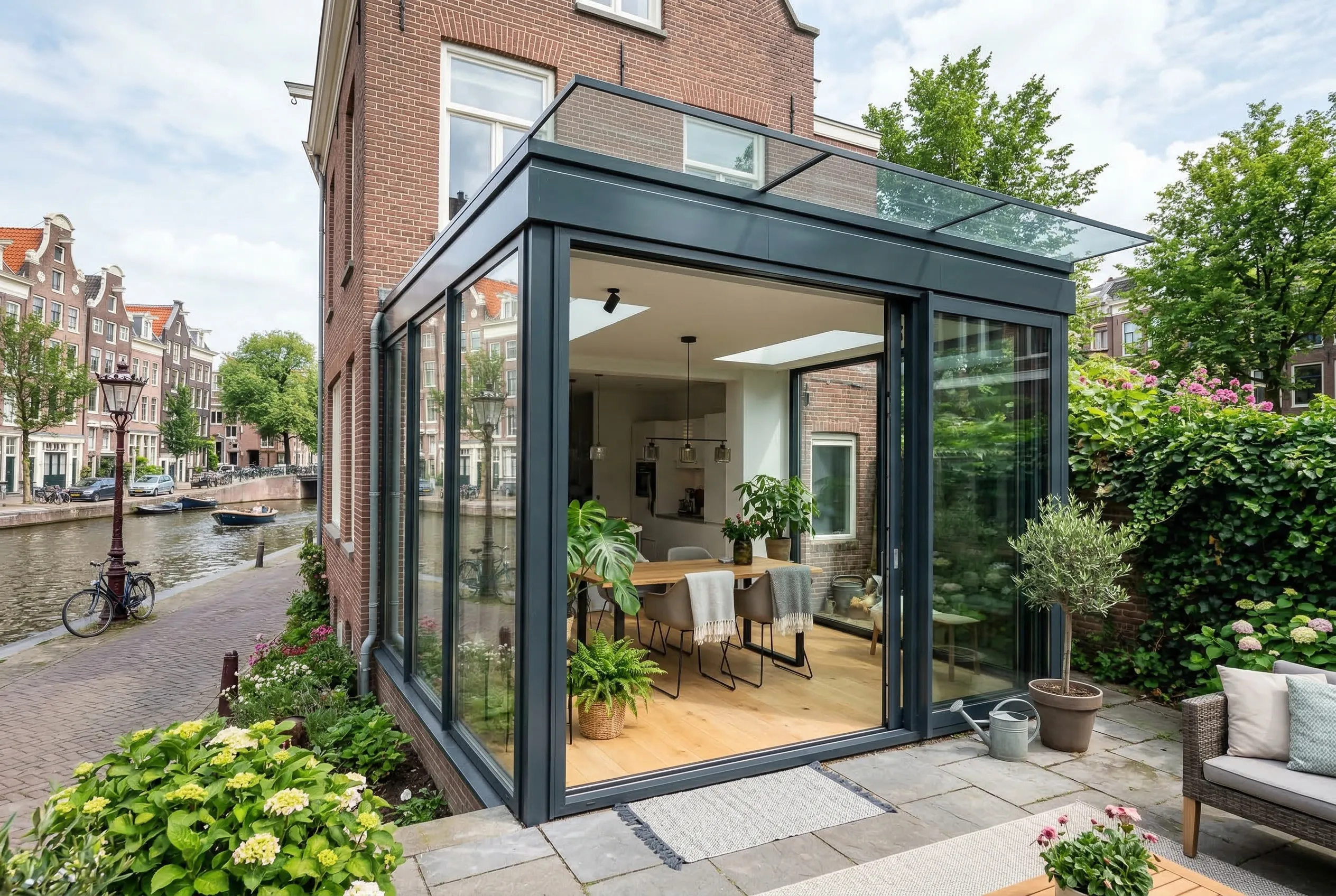 Moderne glazen serre aan Amsterdamse gracht